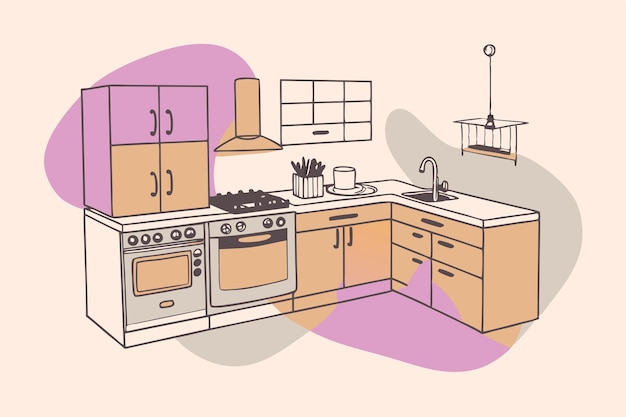 a drawing of a kitchen with a stove and a stove