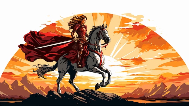 a drawing of a knight on a horse with a sunset in the background