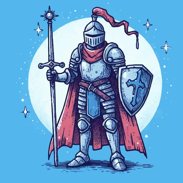 Vector a drawing of a knight with a red cape and a blue background with stars