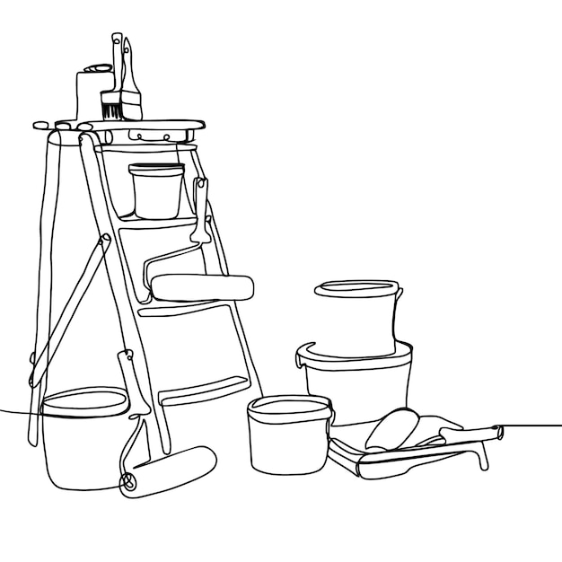 A drawing of a ladder with paint rollers and a roller.