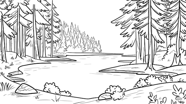 Vector a drawing of a lake with a forest in the background