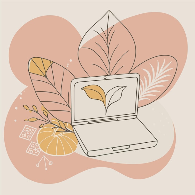 a drawing of a laptop with a palm leaf on the top