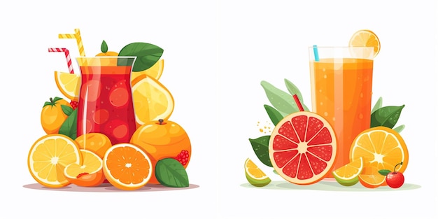 a drawing of a lemon and orange juice with a straw and a glass of juice