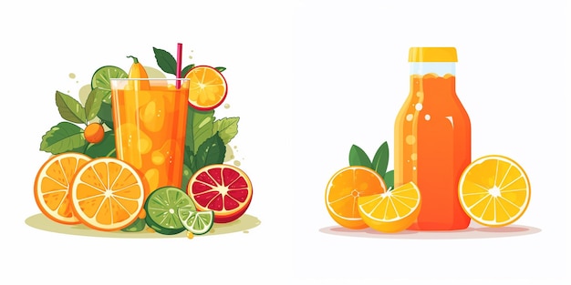 a drawing of lemonade and oranges with a bottle of orange juice