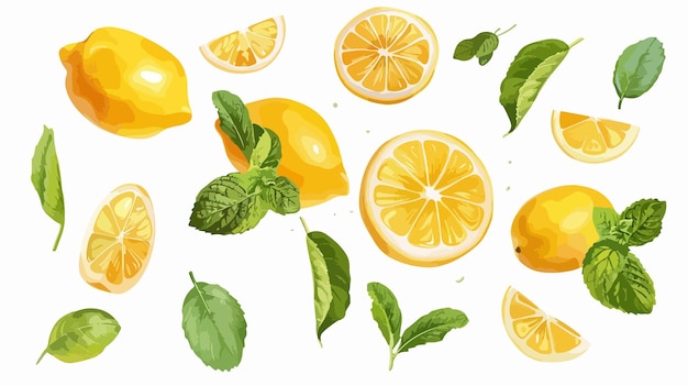 a drawing of lemons and mint leaves