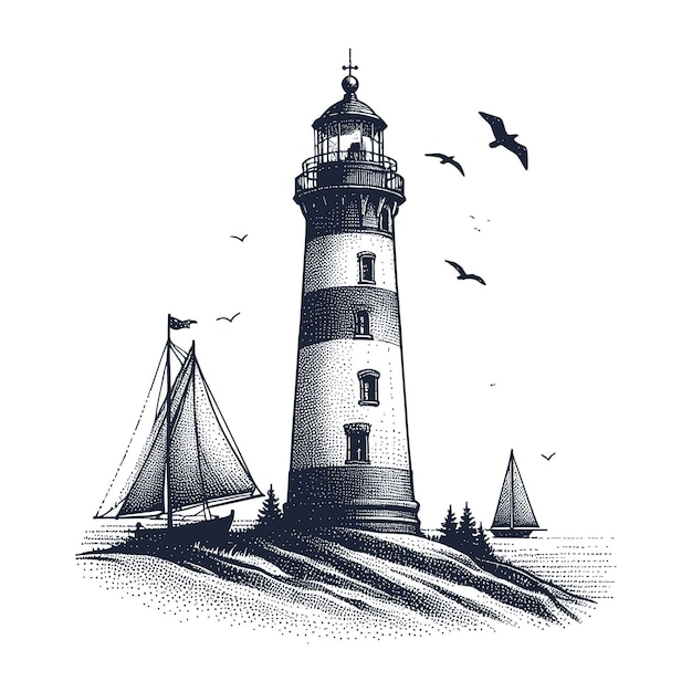 a drawing of a lighthouse with birds flying around it