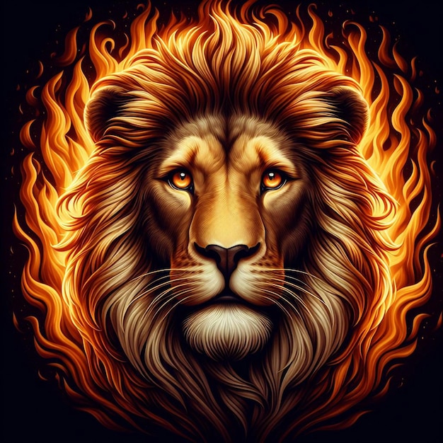 a drawing of a lion with a fiery background