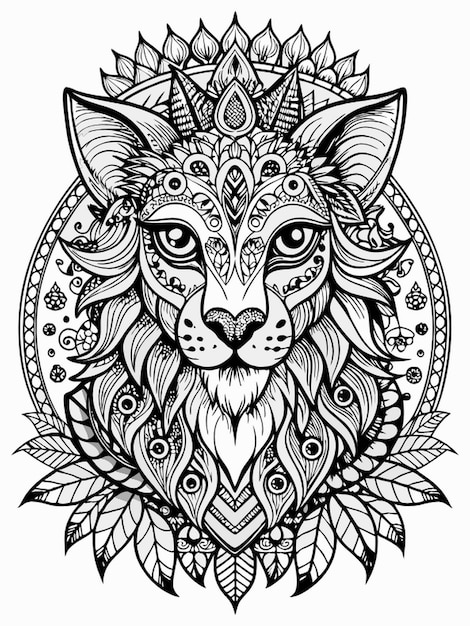 Vector a drawing of a lion with a pattern of flowers and a wolf