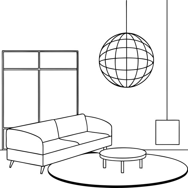 Vector a drawing of a living room with a lamp and a couch