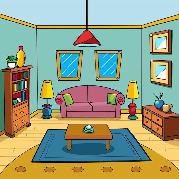 Vector a drawing of a living room with a pink couch and a coffee table