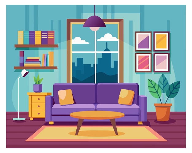 a drawing of a living room with a purple couch and a purple couch