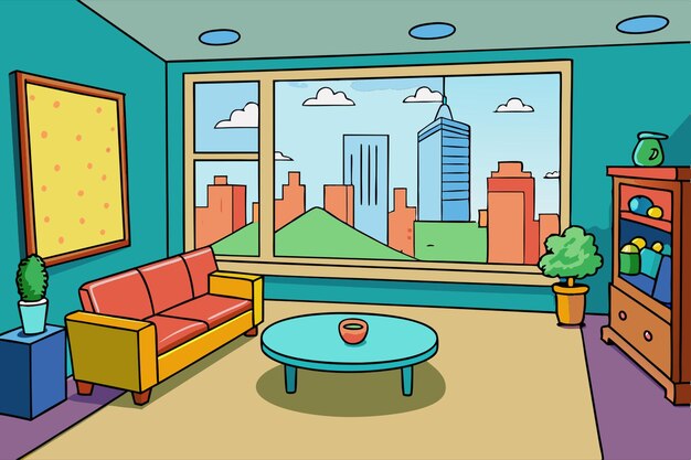 Vector a drawing of a living room with a view of a city vector illustration cartoon