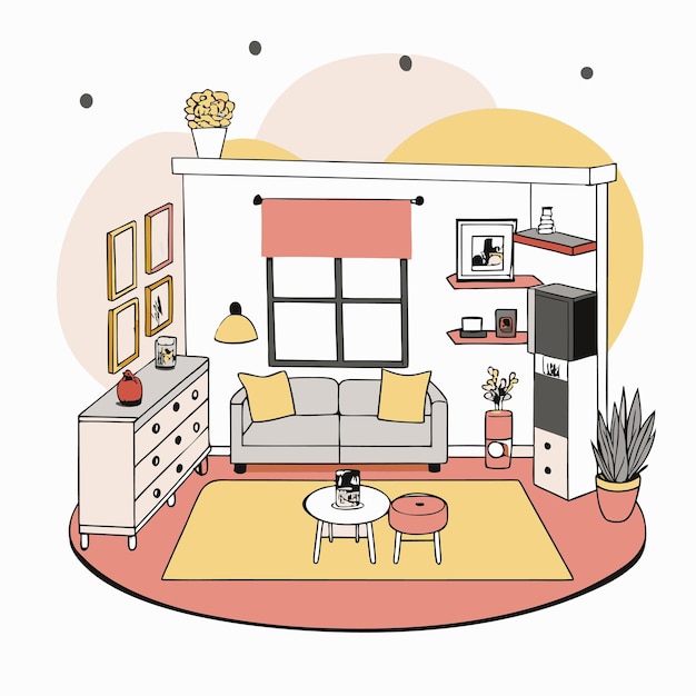 Vector a drawing of a living room with a yellow and pink background