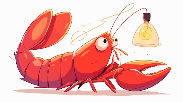 a drawing of a lobster with a cartoon face and a lemon on the left