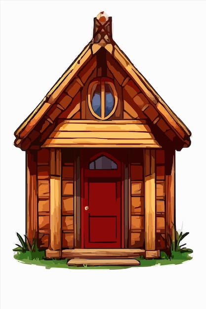 a drawing of a log cabin with a red door