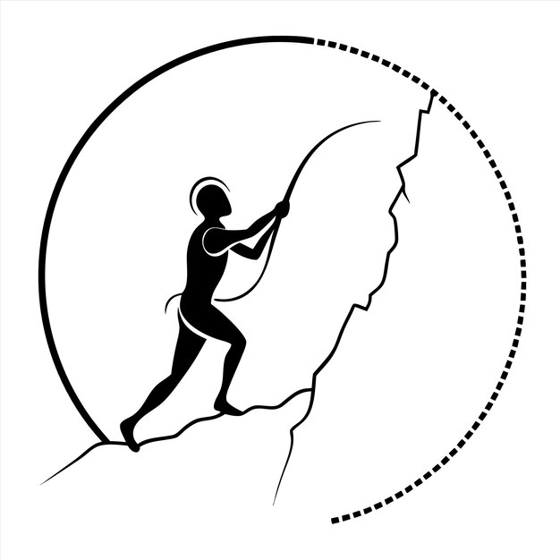 Vector a drawing of a man climbing a hill with a circle in the background