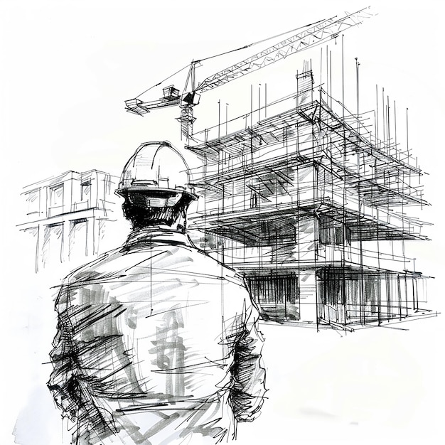 a drawing of a man in a hard hat and jacket