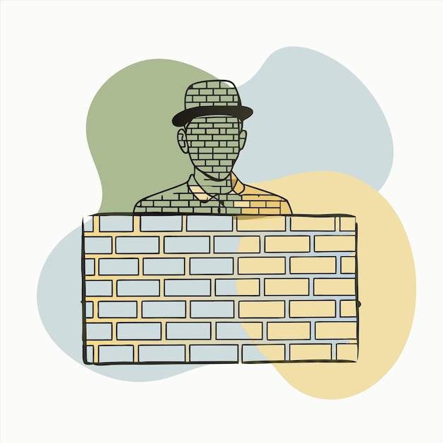 a drawing of a man in a hat and a brick wall