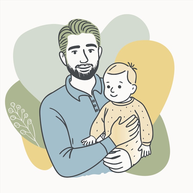 Vector a drawing of a man holding a baby and a tree with a yellow background