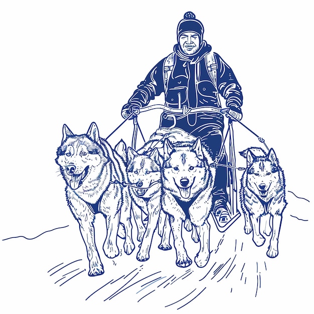 Vector a drawing of a man on a horse with three dogs