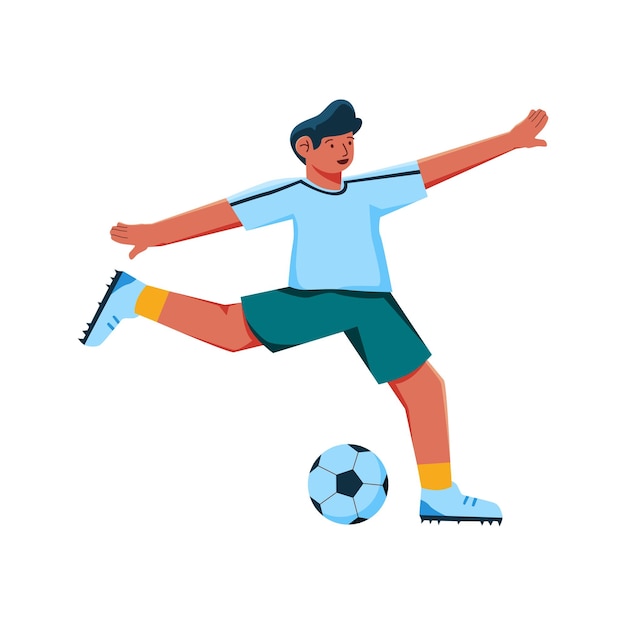 Vector a drawing of a man kicking a soccer ball with a blue shirt on