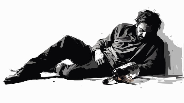 a drawing of a man laying on the ground with a bottle of wine