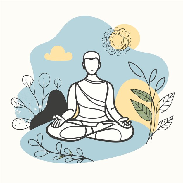 Vector a drawing of a man in a lotus position with a sun in the background