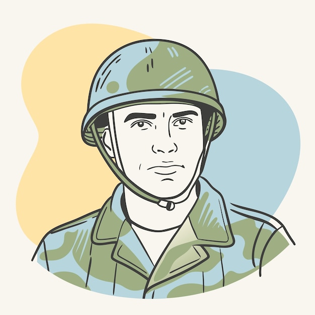 a drawing of a man in a military uniform with a green helmet