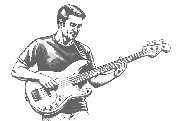 a drawing of a man playing a bass guitar