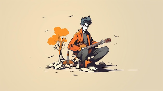 a drawing of a man playing guitar with a tree in the background