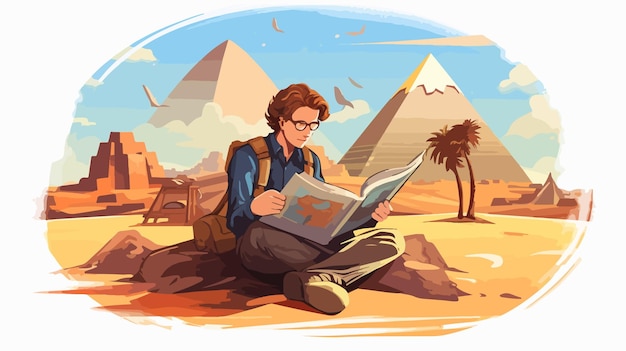 a drawing of a man reading a map with pyramids in the background