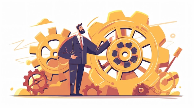 a drawing of a man in a suit and tie next to a wheel