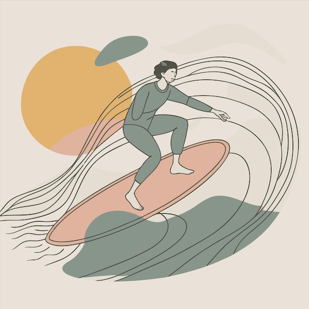 Vector a drawing of a man on a surfboard with the sun behind him