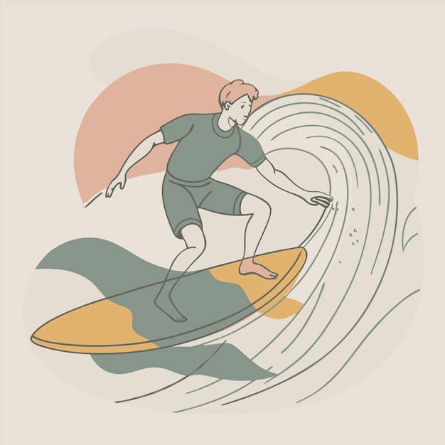 Vector a drawing of a man on a surfboard with the sun behind him