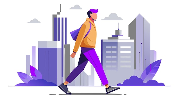 a drawing of a man walking in a city with a purple jacket on