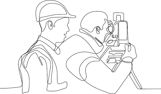 A drawing of a man wearing a hard hat and a helmet looking at a camera.