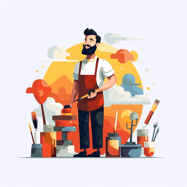 Vector a drawing of a man with a beard and a red apron