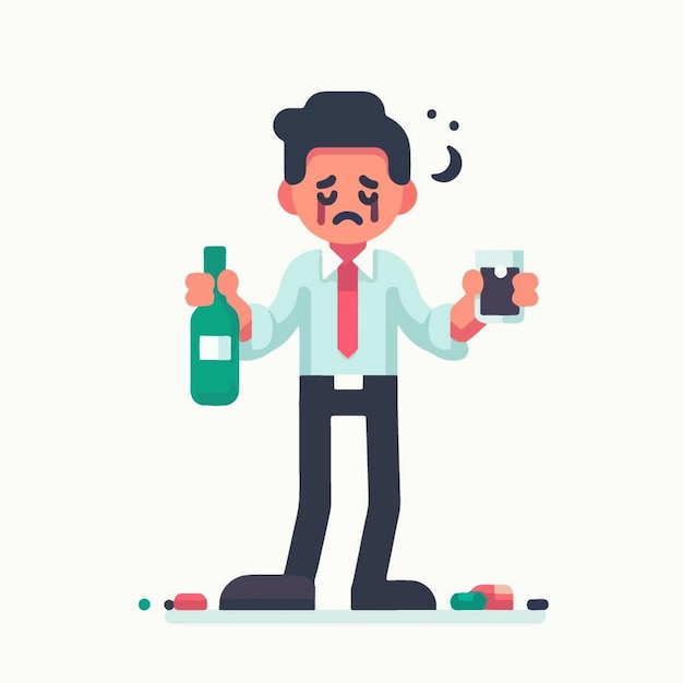 a drawing of a man with a bottle of alcohol and a bottle of alcohol