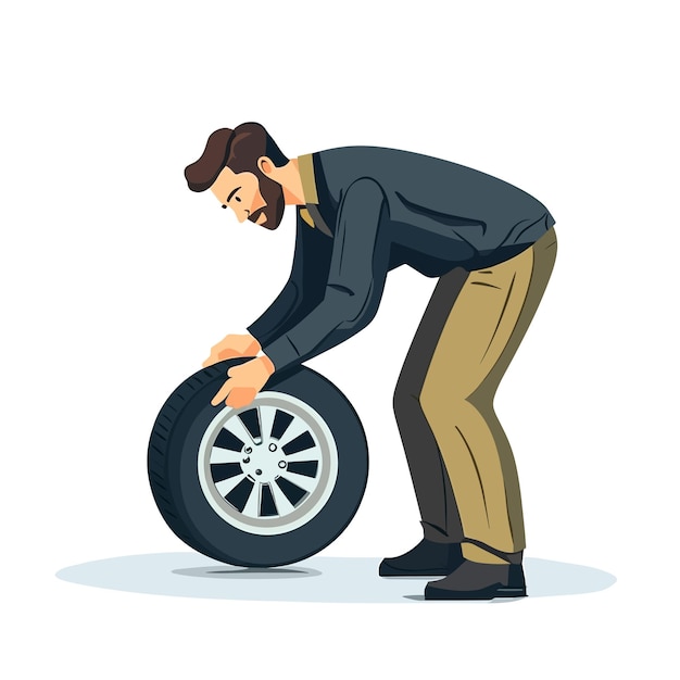 Vector a drawing of a man with a car wheel that says  he is working