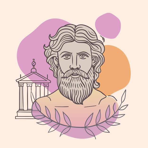 Vector a drawing of a man with a large beard and a statue of a man with a white and pink background