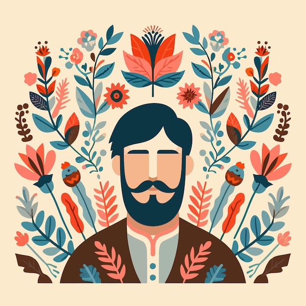 a drawing of a man with a mustache and a floral background