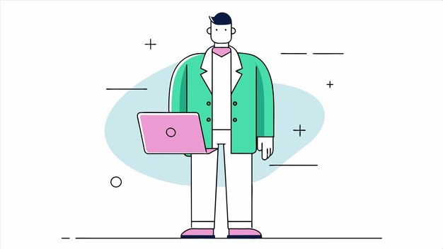 a drawing of a man with a pink and green jacket on and a pink laptop