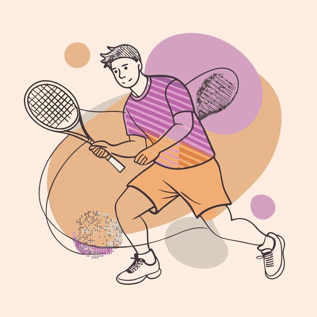 Vector a drawing of a man with a tennis racket and a ball