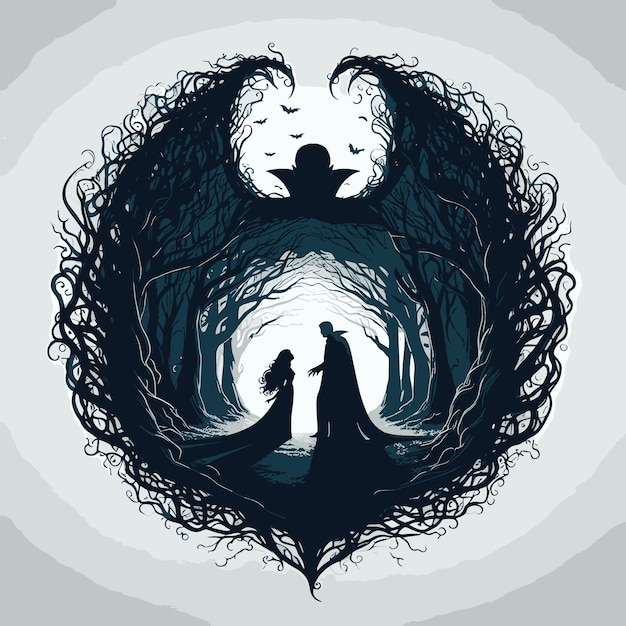 Vector a drawing of a man and a woman in a dark forest