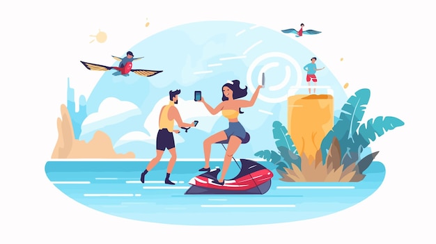 Vector a drawing of a man and woman riding a jet ski with a man on a jet ski