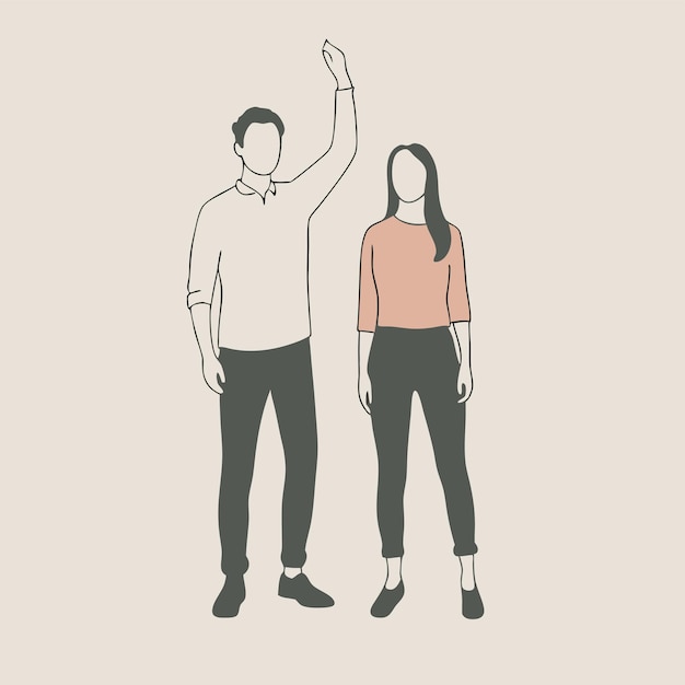 a drawing of a man and a woman with a man pointing at the top