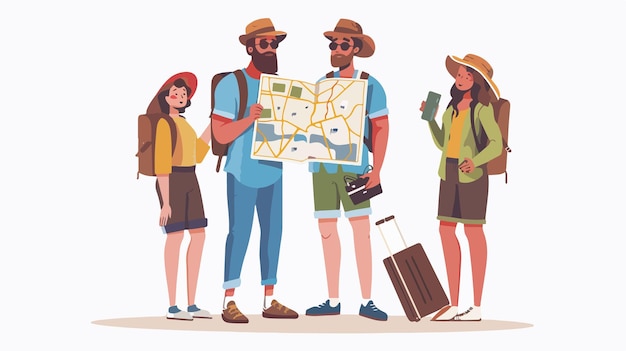 a drawing of a man and woman with a map and a man with a backpack