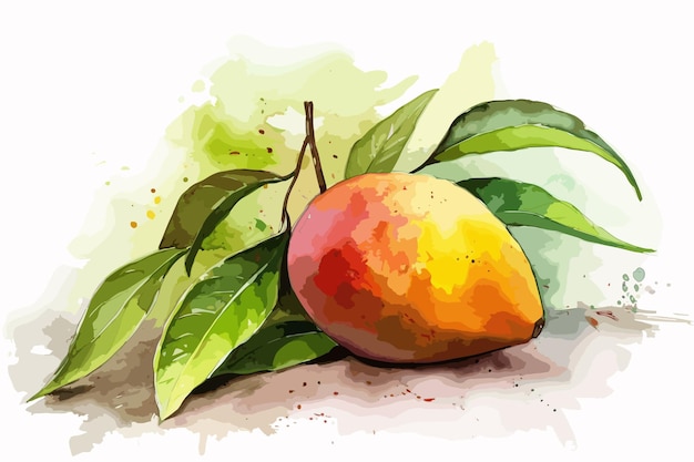 Vector a drawing of a mango with leaves and a watercolor painting of a peach