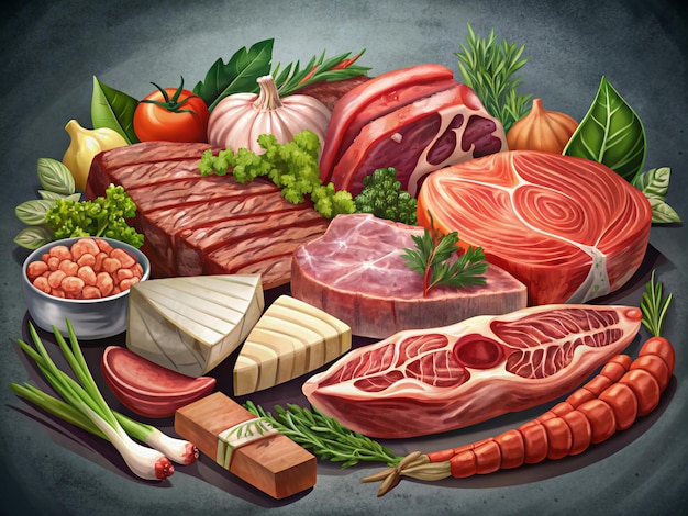 Vector a drawing of meats vegetables and meats