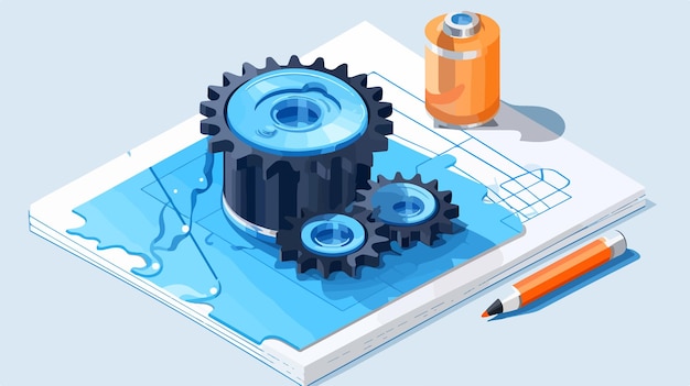 Vector a drawing of a mechanical gear with a pencil next to it